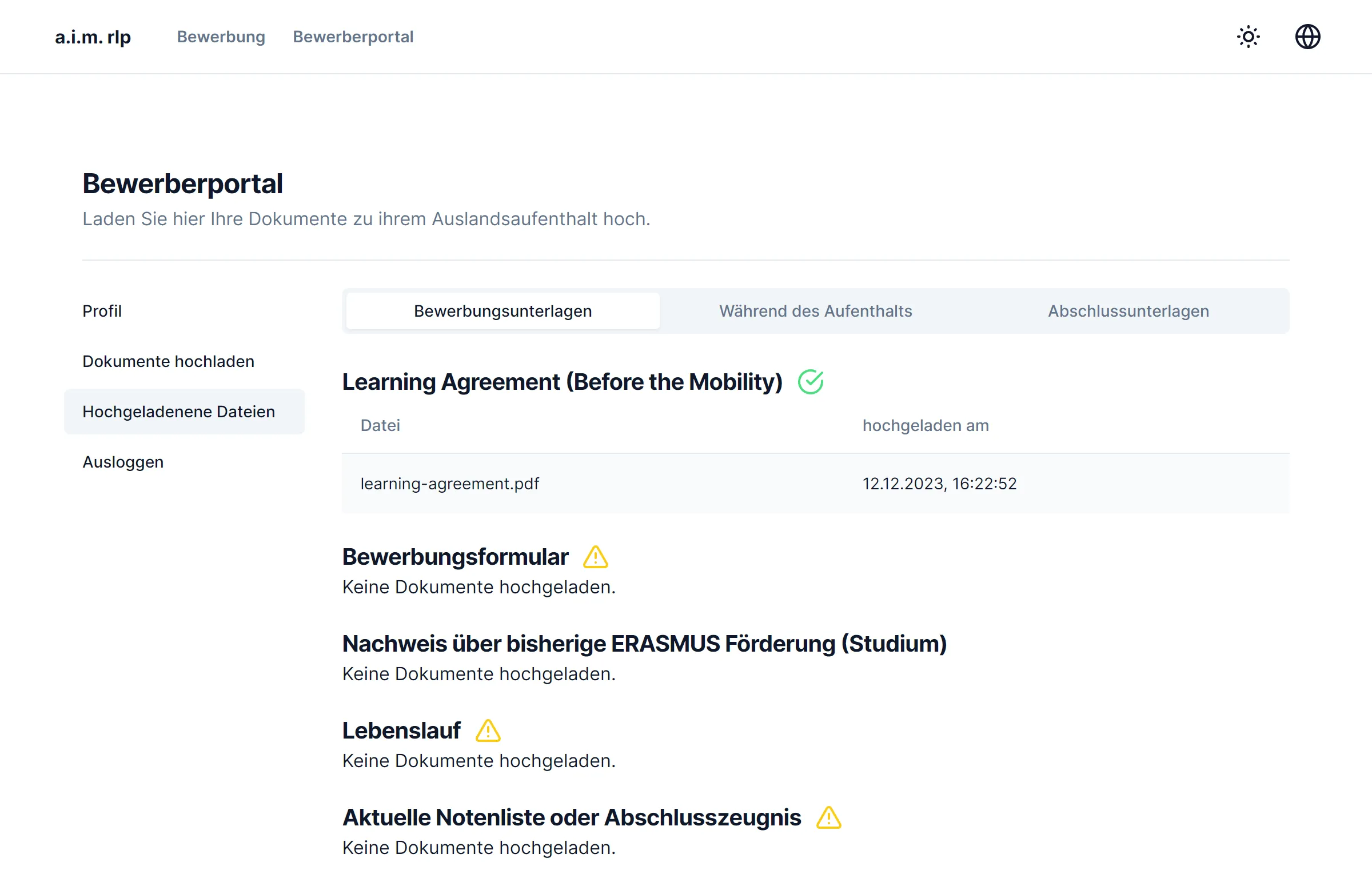 Übersicht der hochgeladenen Dokumente im Bewerberportal